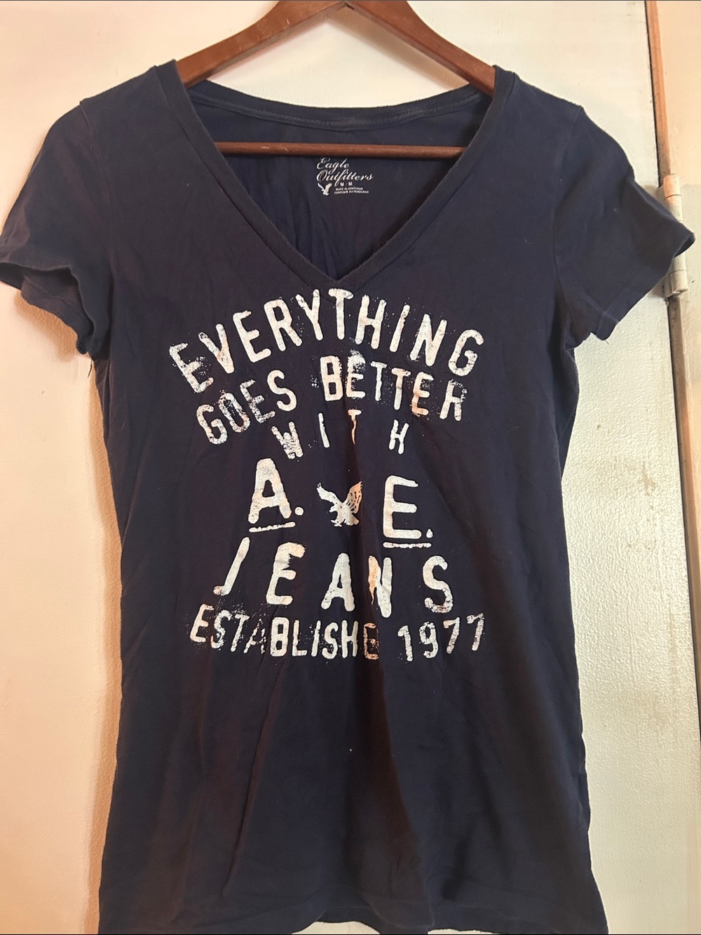 American Eagle Outfitters Navy Graphic V‑Neck Tee